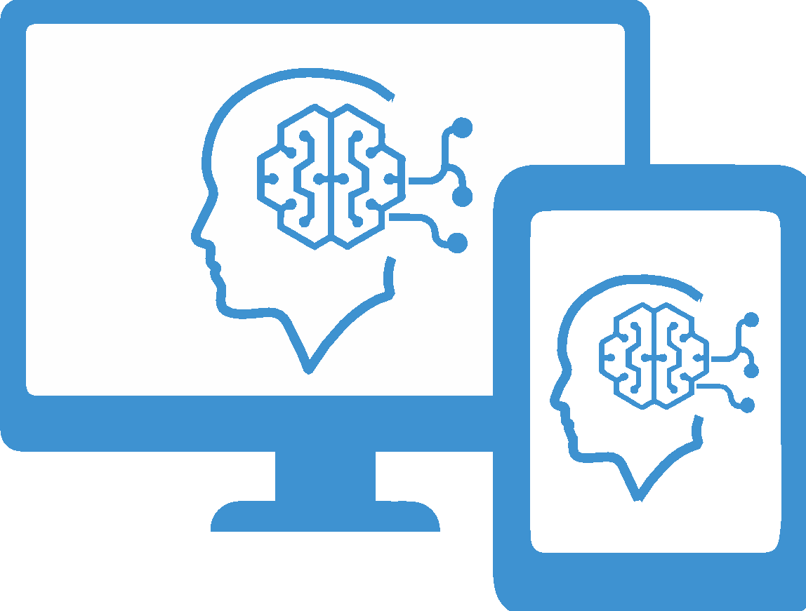Blue icon: a desktop monitor and a tablet, each showing a human head in profile with a circuit-board brain. On this slide it marks advanced analytics — the L5 dynamic layer's precision-health use.
