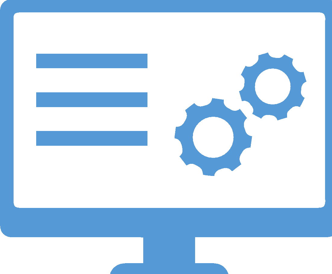 Blue icon of a desktop monitor showing lines of text beside two gears — configurable or computable software, marking the fully-computable-assets step.