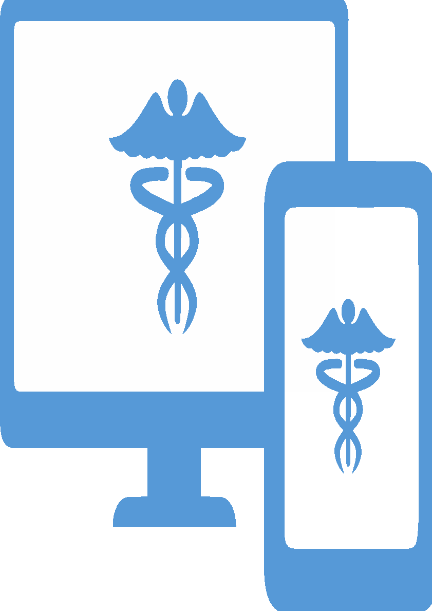 A cropped variant of the blue monitor-and-phone icon showing caduceus emblems, used as a second marker for executable, deployable software.