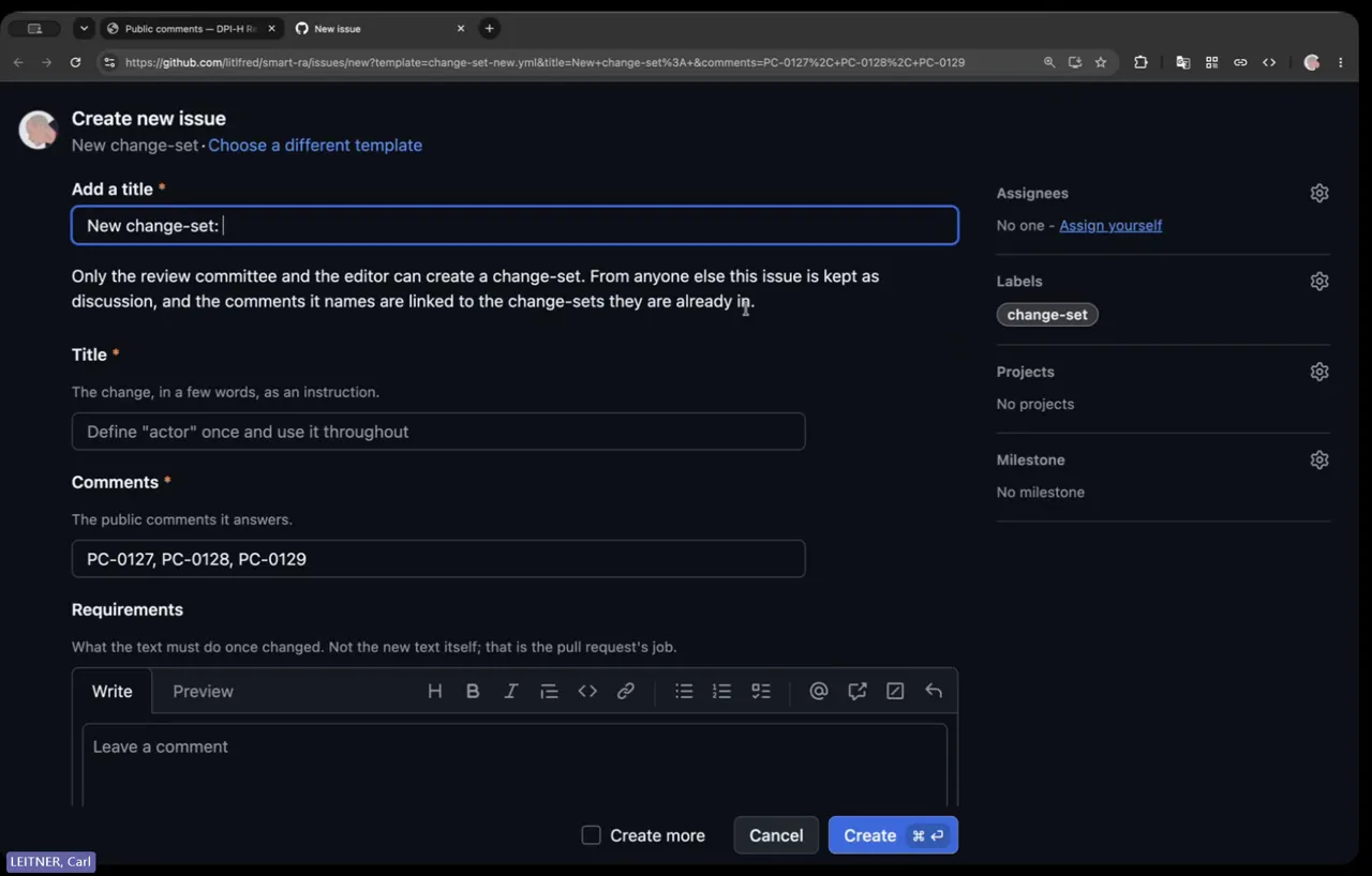 The new change-set issue form