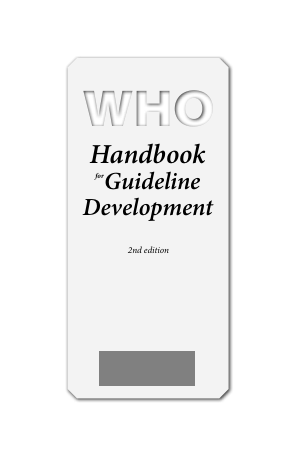 Cover of WHO handbook for guideline development, rendered here from page 1 of the held PDF, with the WHO emblem masked out