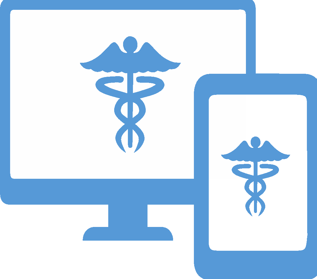 Blue icon of a desktop monitor and a mobile phone, each displaying a caduceus (the medical staff-and-serpents emblem). On this slide it stands for customizable health software built from the guideline — the L4 executable layer.