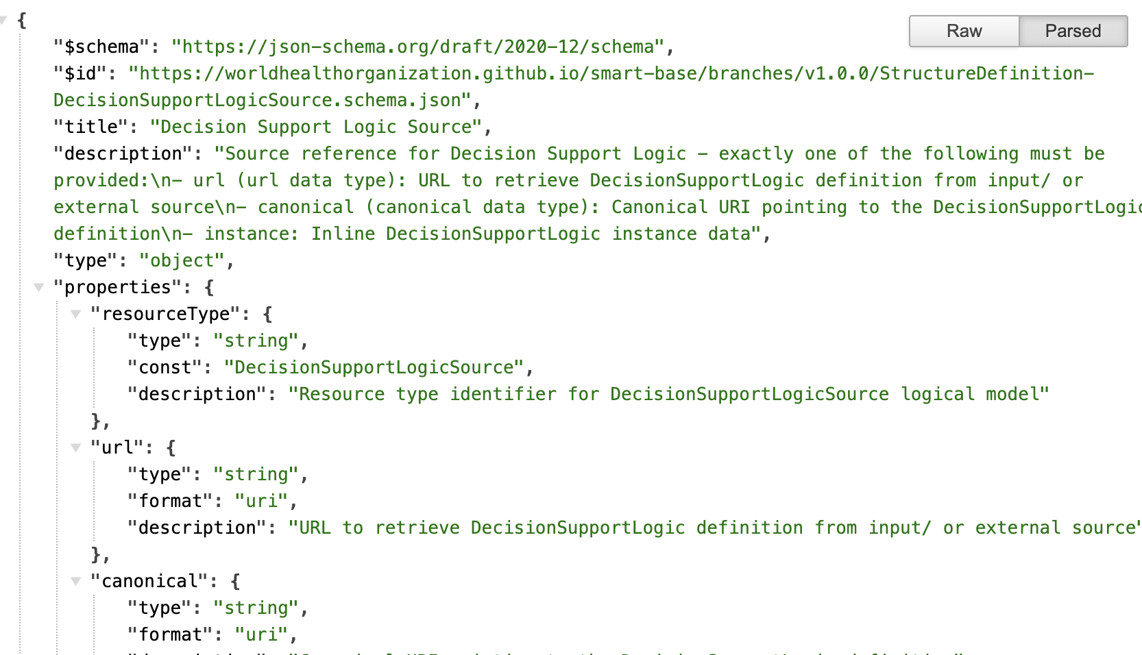 Screenshot of a JSON Schema (draft 2020-12) for "Decision Support Logic Source", $id under worldhealthorganization.github.io/<dak-layer>/branches/v1.0.0: an object whose properties are resourceType (const DecisionSupportLogicSource), url and canonical (both URI strings) — exactly one of url, canonical or an inline instance must be provided.