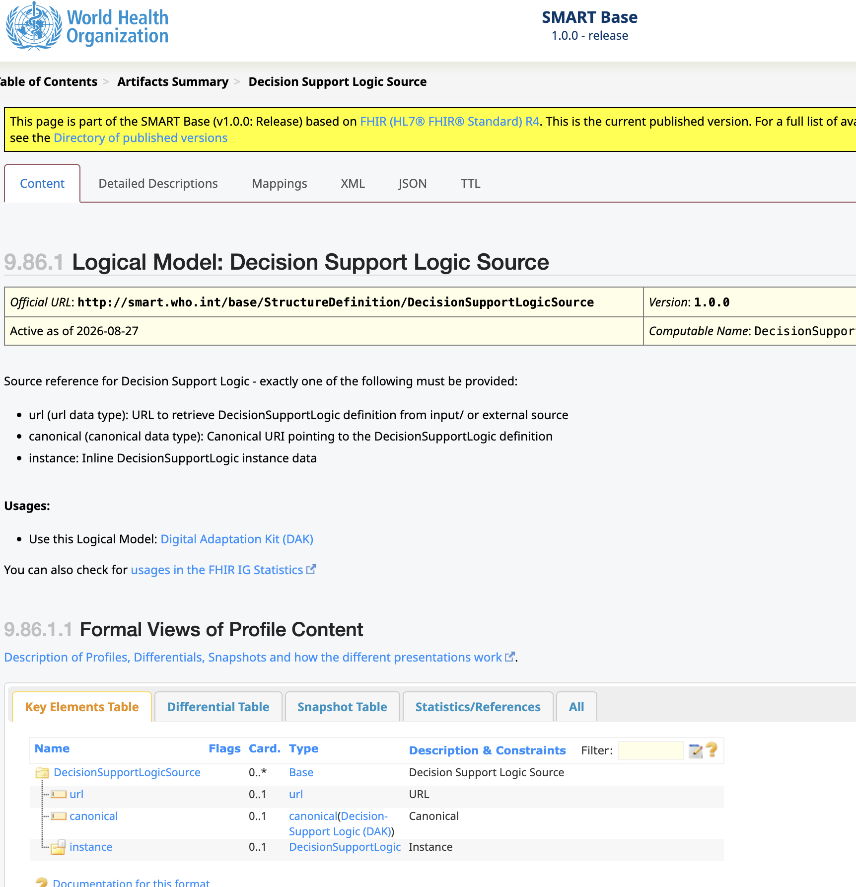 Screenshot of the SMART Base 1.0.0 release page for the logical model Decision Support Logic Source (http://smart.who.int/base/StructureDefinition/DecisionSupportLogicSource, active as of 2026-08-27): the source reference must be exactly one of url, canonical or instance, it is used by the Digital Adaptation Kit (DAK) model, and its key-elements table lists url (0..1), canonical (0..1) and instance (0..1).