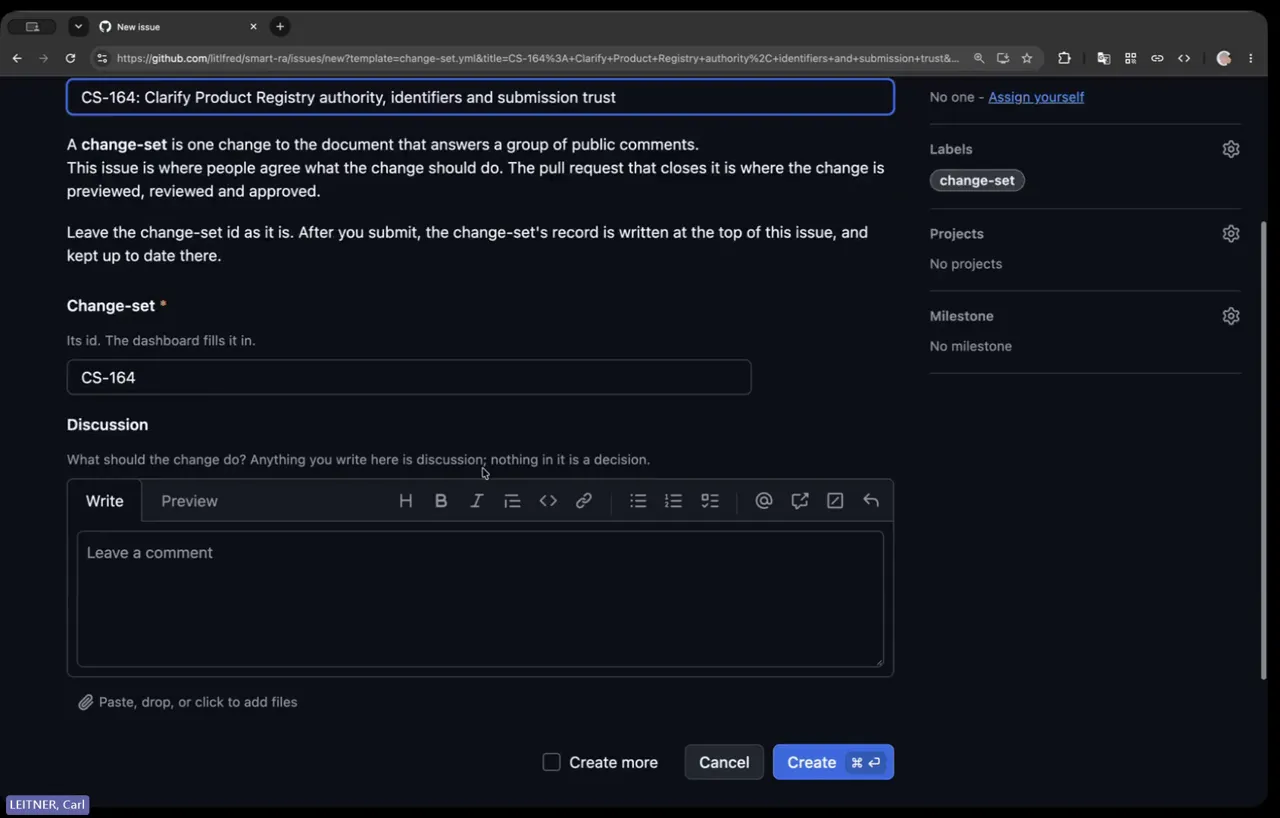 The Discuss issue form for CS-164