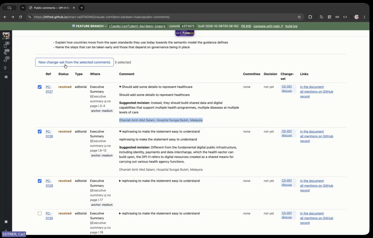 Three comments selected for a new change-set